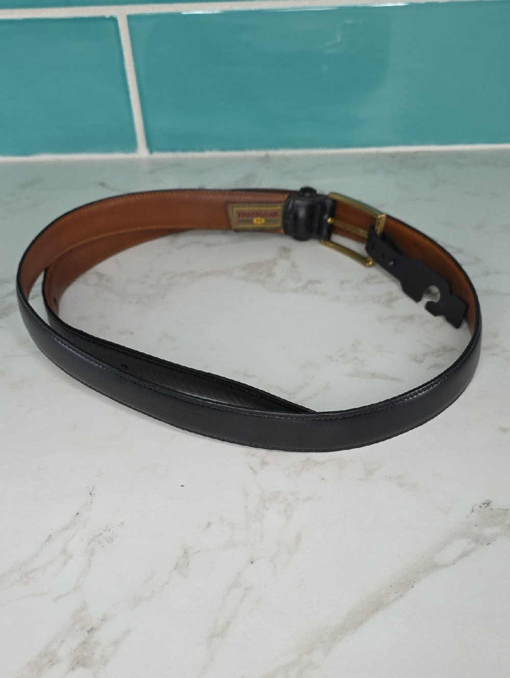 Trafalgar Black "Cortina" Leather Belt  Brass Buckle and Tan Interior Size 35